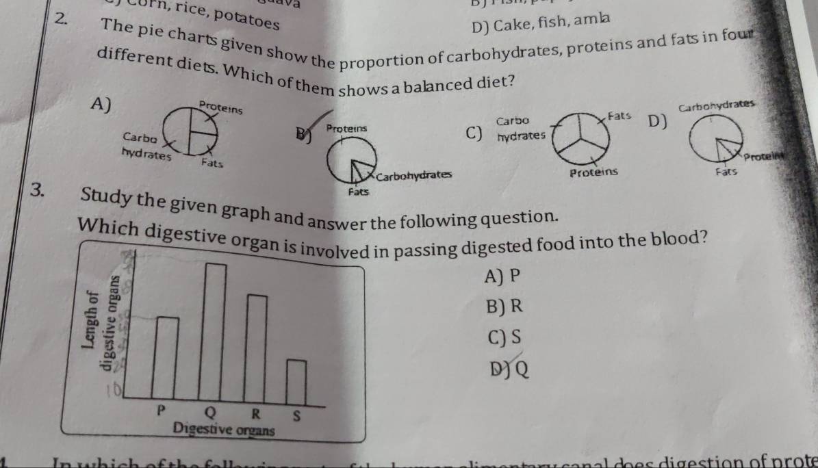 ava
CUrn, rice, potatoes
D) Cake, fish, amla
2. The pie charts given show the proportion of carbohydrates, proteins and fats in four
different diets. Which of them shows a balanced diet?
A)
es
D)
BJ Proteins
C)

Carbohydrates 
Fats
3. Study the given graph and answer the following question.
Which digesti passing digested food into the blood?
A) P
B)R
C) S
DJQ
In wb i cl ca r al do es digestion of prote