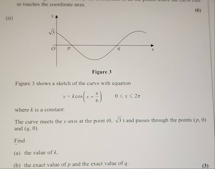 or touches the coordinate axes.
(6)
(i)
Figure 3 shows a sketch of the curve with equation
y=kcos (x+ π /6 ) 0≤slant x≤slant 2π
where k is a constant.
The curve meets the y-axis at the point (0,sqrt(3)) and passes through the points (p,0)
and (q,0).
Find
(a) the value of k,
(b) the exact value of p and the exact value of q. (3)