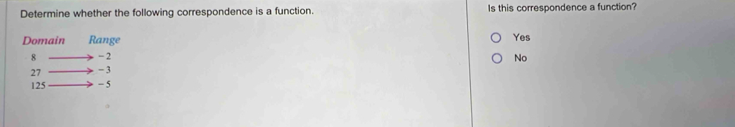 Determine whether the following correspondence is a function. Is this correspondence a function?
Domain Range
Yes
8 - 2 No
27 - 3
125 - 5
