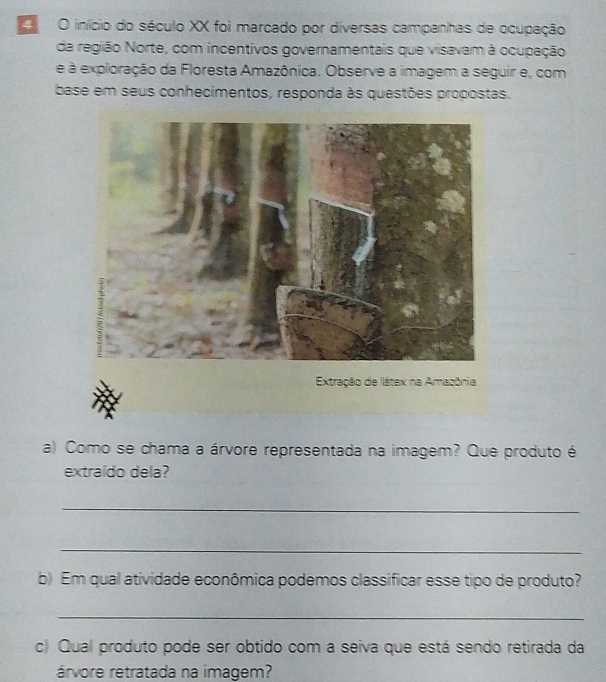 início do século XX foi marcado por diversas campanhas de ocupação 
da região Norte, com incentivos governamentais que visavam à ocupação 
e à exploração da Floresta Amazônica. Observe a imagem a seguir e, com 
base em seus conhecimentos, responda às questões propostas. 
Extração de látex na Amazônia 
a) Como se chama a árvore representada na imagem? Que produto é 
extraído dela? 
_ 
_ 
b) Em qual atividade econômica podemos classificar esse tipo de produto? 
_ 
c) Qual produto pode ser obtido com a seiva que está sendo retirada da 
árvore retratada na imagem?