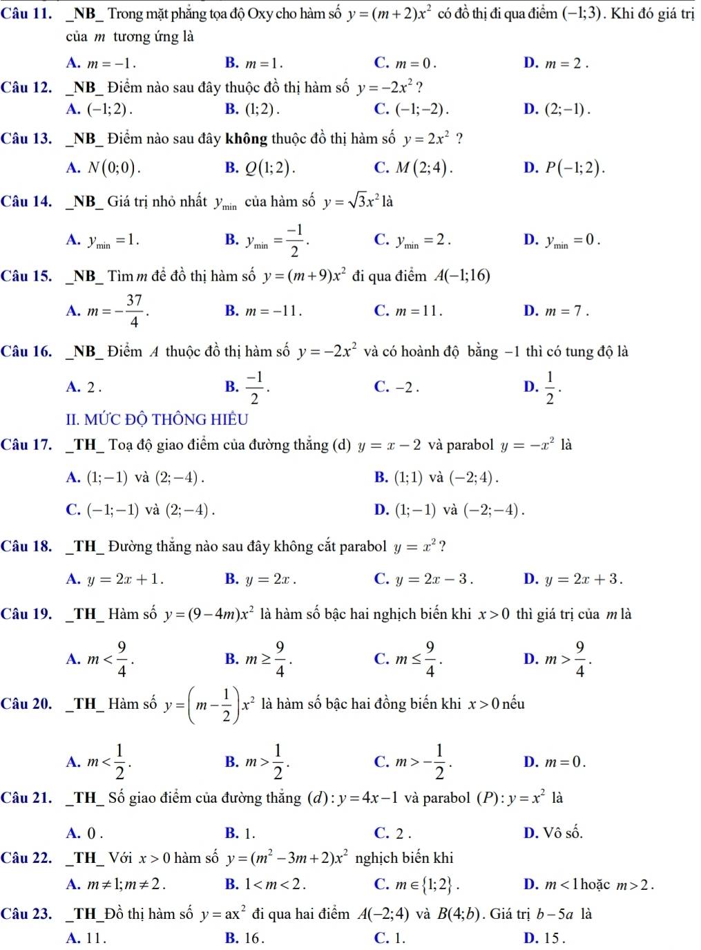 NB_ Trong mặt phẳng tọa độ Oxy cho hàm số y=(m+2)x^2 có đồ thị đi qua điểm (-1;3). Khi đó giá trị
của m tương ứng là
A. m=-1. B. m=1. C. m=0. D. m=2.
Câu 12. _NB_ Điểm nào sau đây thuộc dhat o thị hàm số y=-2x^2 ?
A. (-1;2). B. (1;2). C. (-1;-2). D. (2;-1).
Câu 13. _NB_ Điểm nào sau đây không thuộc đồ thị hàm số y=2x^2 ?
A. N(0;0). B. Q(1;2). C. M(2;4). D. P(-1;2).
Câu 14. _NB_ Giá trị nhỏ nhất y_min của hàm số y=sqrt(3)x^2 là
A. y_min=1. B. y_min= (-1)/2 . C. y_min=2. D. y_min=0.
Câu 15. _NB_ Tìm m để đồ thị hàm số y=(m+9)x^2 đi qua điểm A(-1;16)
A. m=- 37/4 . B. m=-11. C. m=11. D. m=7.
Câu 16. NB Điểm A thuộc đồ thị hàm số y=-2x^2 và có hoành độ bằng −1 thì có tung độ là
A. 2 . B.  (-1)/2 . C. -2 . D.  1/2 .
II. MỨC ĐỘ THÔNG HIÊU
Câu 17. _TH_ Toạ độ giao điểm của đường thắng (d) y=x-2 và parabol y=-x^2 là
A. (1;-1) và (2;-4). B. (1;1) và (-2;4).
C. (-1;-1) và (2;-4). D. (1;-1) và (-2;-4).
Câu 18. _TH_ Đường thắng nào sau đây không cắt parabol y=x^2 ?
A. y=2x+1. B. y=2x. C. y=2x-3. D. y=2x+3.
Câu 19. _TH_ Hàm số y=(9-4m)x^2 là hàm số bậc hai nghịch biến khi x>0 thì giá trị của m là
A. m m≥  9/4 . C. m≤  9/4 . D. m> 9/4 .
B.
Câu 20.  _TH_ Hàm số y=(m- 1/2 )x^2 là hàm số bậc hai đồng biến khi x>0 nếu
A. m B. m> 1/2 . C. m>- 1/2 . D. m=0.
Câu 21. _ TH_  _   Số giao điểm của đường thắng (d) : y=4x-1 và parabol (P):y=x^2 là
A. 0 . B. 1. C. 2 . D. Vhat o Shat O.
Câu 22. _TH_ Với x>0 hàm số y=(m^2-3m+2)x^2 nghịch biến khi
A. m!= 1;m!= 2. B. 1 C. m∈  1;2 . D. m<1</tex> hoặc m>2.
Câu 23. _TH_Đồ thị hàm số y=ax^2 đi qua hai điểm A(-2;4) và B(4;b). Giá trị b-5a là
A. 11. B. 16 . C. 1. D. 15 .