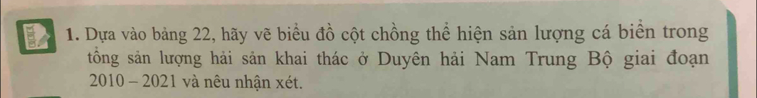 Dựa vào bảng 22, hãy vẽ biểu đồ cột chồng thể hiện sản lượng cá biển trong 
tông sản lượng hải sản khai thác ở Duyên hải Nam Trung Bộ giai đoạn 
2010-2021 và nêu nhận xét.