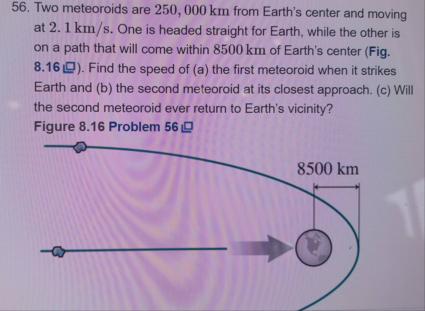 Solved: Two meteoroids are 250, 000 km from Earth's center and moving ...