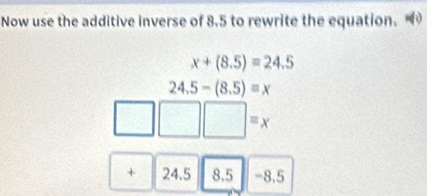 Now use the additive inverse of 8.5 to rewrite the equation.
x+(8.5)=24.5
24.5-(8.5)=x
□ □ □  □ =x^ 
□  
□ 24.5 8.5 -8.5