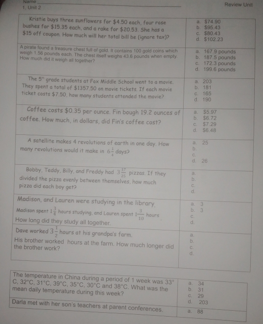 Name_
1. Unit 2 Review Unit
t