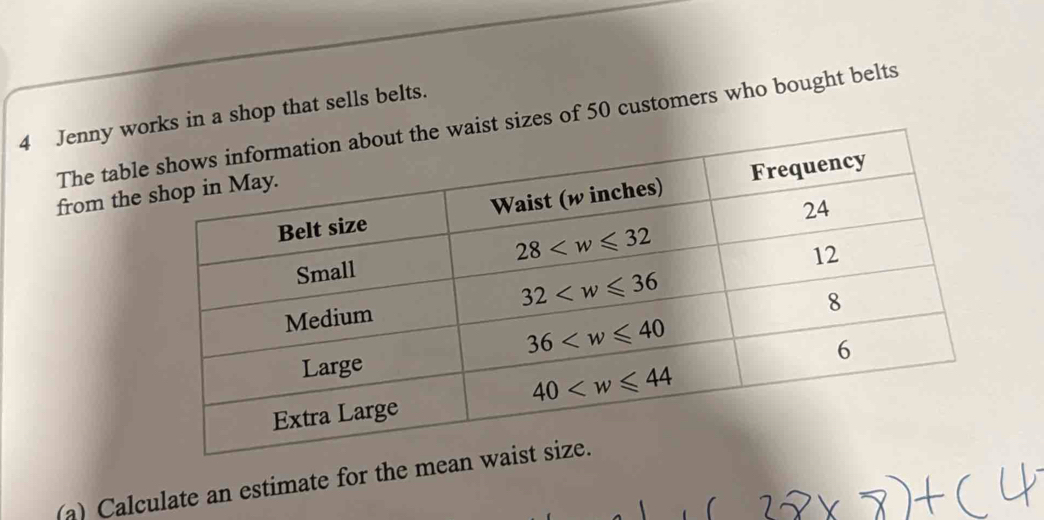 Jenny win a shop that sells belts.
The tablzes of 50 customers who bought belts
from the
(a) Calculate an estimate for the mean