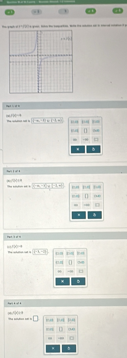 The graph of r=/(t) ia grver. Roha the iequaition. Write the asludion ast it ttervel cosatinn if pr
Part 1 of 4
(a)f(x)<0</tex>
The salution set is (-∈fty ,-3) (-2,∈fty )
our
∞
Part 2 of 4
b) f(x) so
The solution set is (-∈fty ,-3]∪ (-2,∈fty )
∞ ~∞
Part 3 of 4
(c f(x)>0
The solution set is (-3,-2)
10
× 5
Part 4 of 4
(d) f(x)≥ 0
The solution set is (0,0) ao
(□,□] CUC
∞