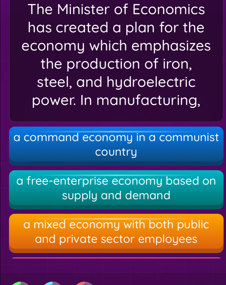 The Minister of Economics
has created a plan for the
economy which emphasizes
the production of iron,
steel, and hydroelectric
power. In manufacturing,
a command economy in a communist
country
a free-enterprise economy based on
supply and demand
a mixed economy with both public
and private sector employees