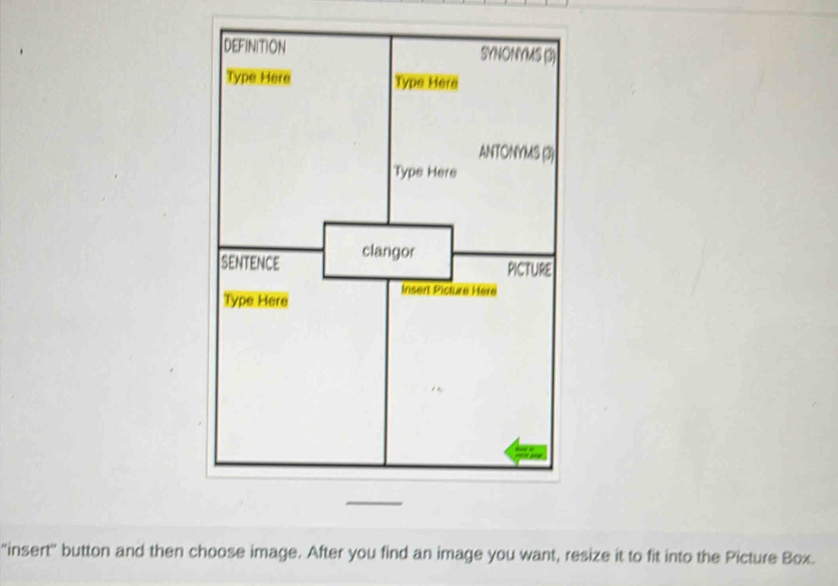 “insert” button and then choose image. After you find an image you want, resize it to fit into the Picture Box.