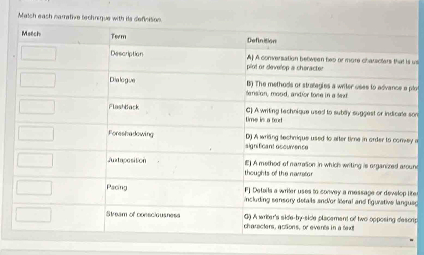 Match each narrative tec 
us 
plot 
sor 
y a 
n 
te 
ac 
rip