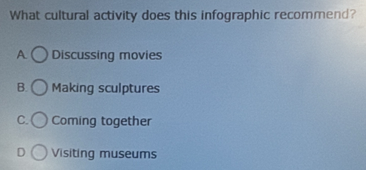 What cultural activity does this infographic recommend?
A Discussing movies
B. Making sculptures
C. Coming together
D Visiting museums