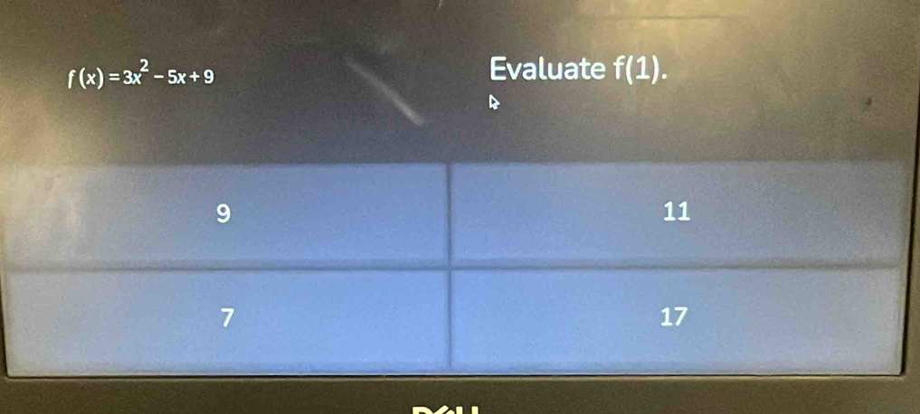 f(x)=3x^2-5x+9 Evaluate f(1).