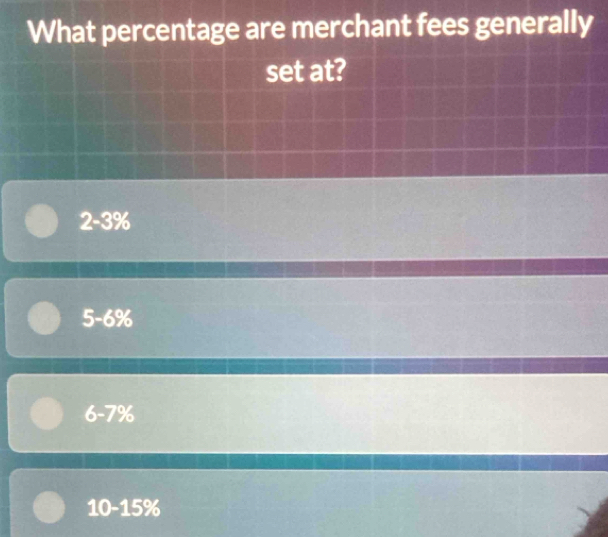 What percentage are merchant fees generally
set at?
2-3%
5-6%
6-7%
10-15%