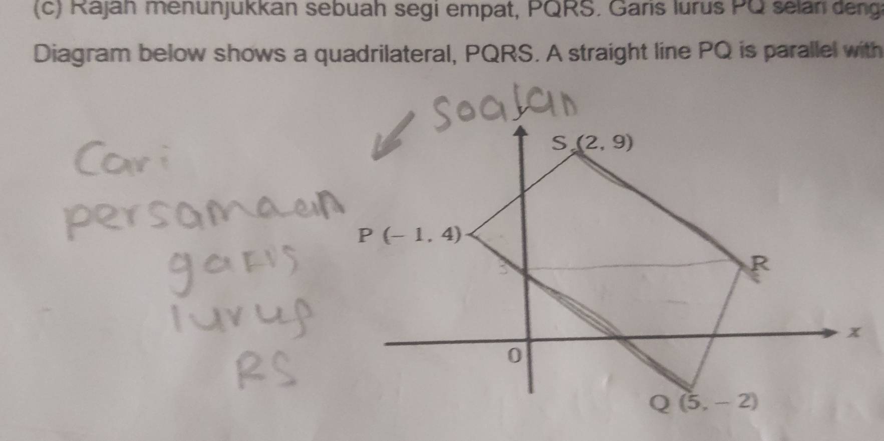 Rajah menunjukkan sebuah segi empat, PQRS. Garis lurus PQ selan denga
Diagram below shows a quadrilateral, PQRS. A straight line PQ is parallel with