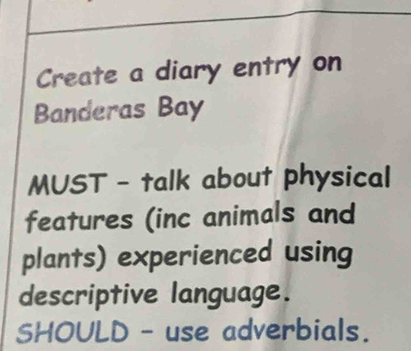 Create a diary entry on 
Banderas Bay 
MUST - talk about physical 
features (inc animals and 
plants) experienced using 
descriptive language. 
SHOULD - use adverbials.