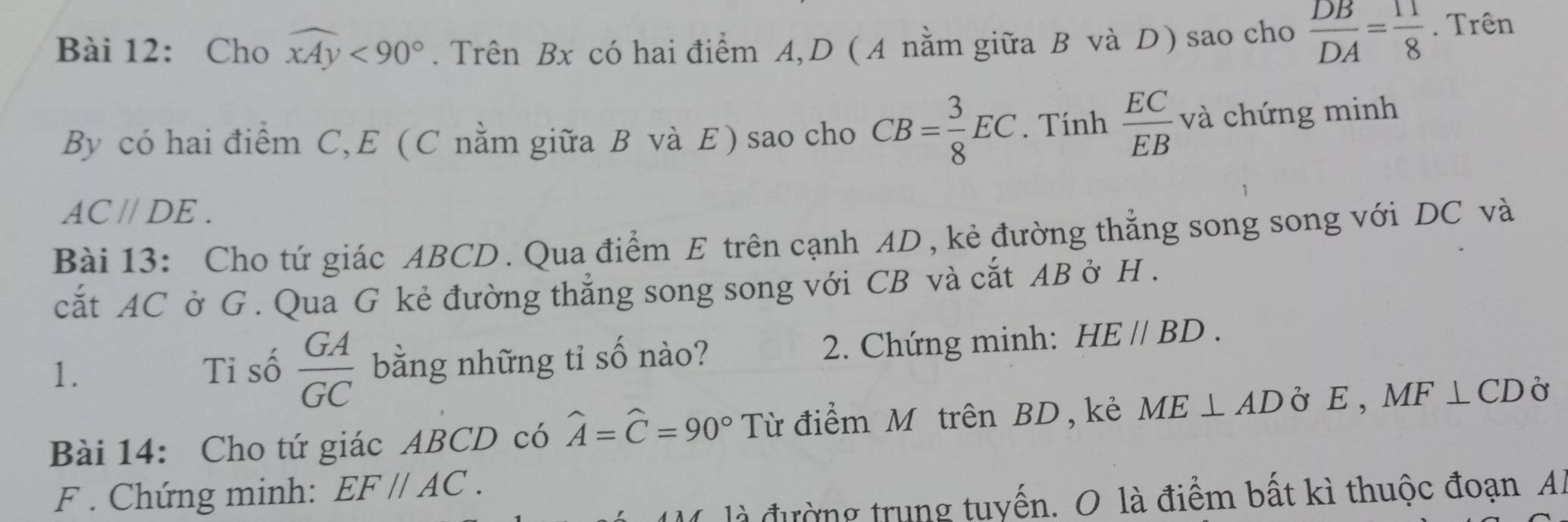 Cho widehat xAy<90°. Trên Bx có hai điểm A,D ( A nằm giữa B và D) sao cho  DB/DA = 11/8 . Trên 
By có hai điểm C,E (C nằm giữa B và E) sao cho CB= 3/8 EC. Tính  EC/EB  và chứng minh
AC//DE. 
Bài 13: Cho tứ giác ABCD. Qua điểm E trên cạnh AD, kẻ đường thẳng song song với DC và 
cắt AC ở G. Qua G kẻ đường thắng song song với CB và cắt AB ở H. 
1. Ti số  GA/GC  bằng những tỉ số nào? 2. Chứng minh: HE//BD. 
Bài 14: Cho tứ giác ABCD có widehat A=widehat C=90° Từ điểm M trên BD , kẻ ME⊥ AD ở E , MF⊥ CD Ở 
F . Chứng minh: EF//AC. 
là đường trung tuyến. O là điểm bất kì thuộc đoạn Al