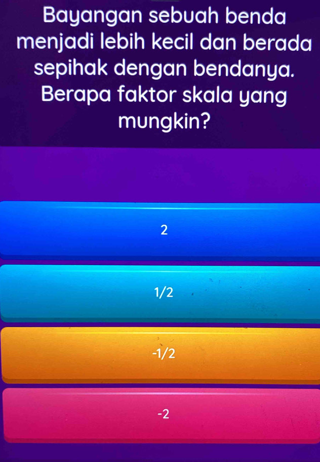 Bayangan sebuah benda
menjadi lebih kecil dan berada
sepihak dengan bendanya.
Berapa faktor skala yang
mungkin?
2
1/2
-1/2
-2