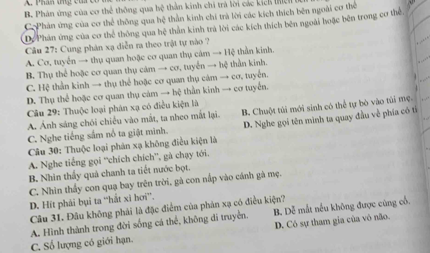 Phần tng cua c
B. Phản ứng của cơ thể thông qua hệ thần kinh chỉ trả lời các kích thich
C Phản ứng của cơ thể thông qua hệ thần kinh chỉ trà lời các kích thích bên ngoài cơ thể
   
Dể Phản ứng của cơ thể thông qua hệ thần kinh trả lời các kích thích bên ngoài hoặc bên trong cơ thể,
Câu 27: Cung phản xạ diễn ra theo trật tự nào ?
.
A. Cơ, tuyển → thụ quan hoặc cơ quan thụ cảm → Hệ thần kinh.
B. Thụ thể hoặc cơ quan thụ cảm → cơ, tuyển → hệ thần kinh.
C. Hệ thần kinh → thụ thể hoặc cơ quan thụ cảm → cơ, tuyến.
D. Thụ thể hoặc cơ quan thụ cảm → hệ thần kinh → cơ tuyến.
Câu 29: Thuộc loại phản xạ có điều kiện là
A. Ảnh sáng chói chiều vào mắt, ta nheo mắt lại. B. Chuột túi mới sinh có thể tự bò vào túi mẹ.
D. Nghe gọi tên mình ta quay đầu về phía có tí
C. Nghe tiếng sấm nổ ta giật mình.
Câu 30: Thuộc loại phản xạ không điều kiện là
A. Nghe tiếng gọi “chích chích”, gà chạy tới,
B. Nhìn thấy quả chanh ta tiết nước bọt.
C. Nhìn thấy con quạ bay trên trời, gà con nấp vào cánh gà mẹ.
D. Hít phải bụi ta “hắt xì hơi”.
Câu 31. Đâu không phải là đặc điểm của phản xạ có điều kiện?
A. Hình thành trong đời sống cá thể, không di truyền. B. Dễ mất nếu không được củng cổ.
C. Số lượng có giới hạn. D. Có sự tham gia của vỏ não.