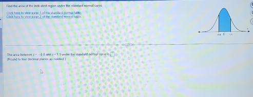 Fied the area of the indicated region under the standard namal curve 
The are a between t=-48
( Round to four decimal places as meedied ) and x-1 D :