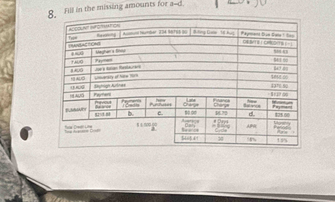 Fill in the missing amounts for a--d.