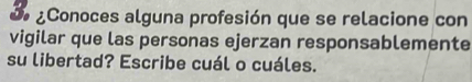 ¿Conoces alguna profesión que se relacione con 
vigilar que las personas ejerzan responsablemente 
su libertad? Escribe cuál o cuáles.