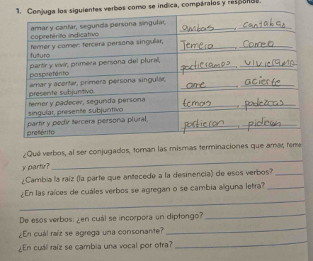 como se indica, compáralos y responde. 
¿Qué verbos, al ser conjugados, toman las mismas terminaciones que amar, teme 
y partir? 
_ 
¿Cambia la raíz (la parte que antecede a la desinencia) de esos verbos?_ 
_ 
¿En las raíces de cuáles verbos se agregan o se cambia alguna letra?_ 
De esos verbos: ¿en cuál se incorpora un diptongo? 
_ 
_ 
¿En cuál raíz se agrega una consonante? 
_ 
¿En cuál raíz se cambia una vocal por otra?