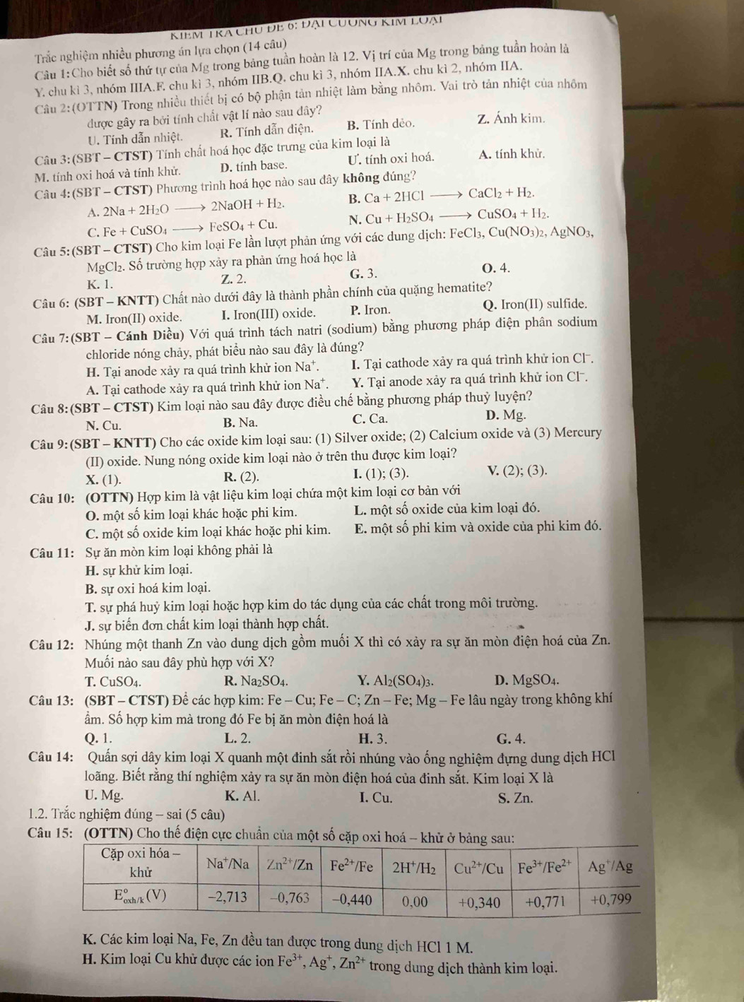 Kiềm tra chủ đề 6: đại Cương Kim loại
Trắc nghiệm nhiều phương án lựa chọn (14 câu)
Câu 1:Cho biết số thứ tự của Mg trong bảng tuần hoàn là 12. Vị trí của Mg trong bảng tuần hoàn là
Y chu kì 3, nhóm IIIA.F. chu kì 3, nhóm IIB.Q. chu kì 3, nhóm IIA.X. chu kì 2, nhóm IIA.
Câu 2:(OTTN) 9 Trong nhiều thiết bị có bộ phận tản nhiệt làm bằng nhôm. Vai trò tản nhiệt của nhôm
được gây ra bởi tính chất vật lí nào sau đây?
U. Tính dẫn nhiệt. R. Tính dẫn điện. B. Tính dẻo. Z. Ánh kim.
Câu 3:(SBT- CTST) Tính chất hoá học đặc trưng của kim loại là
M. tính oxi hoá và tính khử. D. tính base. U. tính oxi hoá. A. tính khử,
Câu 4: (SBT - CTST) Phương trình hoá học nào sau đây không đúng?
A. 2Na+2H_2O to 2NaOH+H_2. B. Ca+2HCl CaCl_2+H_2.
C. Fe+CuSO_4 / to FeSO_4+Cu. N. Cu+H_2SO_4 CuSO_4+H_2.
Câu 5: (SBT -CTST) Cho kim loại Fe lần lượt phản ứng với các dung dịch: FeCl_3,Cu(NO_3)_2,AgNO_3,
MgCl_2 2. Số trường hợp xảy ra phản ứng hoá học là
G. 3. O. 4.
K. 1. Z. 2.
Câu 6: (SBT - KNTT) Chất nào dưới đây là thành phần chính của quặng hematite?
M. Iron(II) oxide. I. Iron(III) oxide. P. Iron. Q. Iron(II) sulfide.
Câu 7:(SBT-C Dánh Diều) Với quá trình tách natri (sodium) bằng phương pháp điện phân sodium
chloride nóng chảy, phát biểu nào sau đây là đúng?
H. Tại anode xảy ra quá trình khử ion 1 Na^+ I. Tại cathode xảy ra quá trình khử ion Cl.
A. Tại cathode xảy ra quá trình khử ion Na^+. Y. Tại anode xảy ra quá trình khử ion Cl.
Câu 8: (SBT - CTST) Kim loại nào sau đây được điều chế bằng phương pháp thuỷ luyện?
N. Cu. B. Na. C. Ca. D. Mg.
Câu 9:(S SBT - KNTT) Cho các oxide kim loại sau: (1) Silver oxide; (2) Calcium oxide và (3) Mercury
(II) oxide. Nung nóng oxide kim loại nào ở trên thu được kim loại?
X. (1). R. (2). I. (1); (3). V. (2); (3).
Câu 10: (OTTN) Hợp kim là vật liệu kim loại chứa một kim loại cơ bản với
O. một số kim loại khác hoặc phi kim. L. một số oxide của kim loại đó.
C. một số oxide kim loại khác hoặc phi kim. E. một số phi kim và oxide của phi kim đó.
Câu 11: Sự ăn mòn kim loại không phải là
H. sự khử kim loại.
B. sự oxi hoá kim loại.
T. sự phá huỷ kim loại hoặc hợp kim do tác dụng của các chất trong môi trường.
J. sự biến đơn chất kim loại thành hợp chất.
Câu 12: Nhúng một thanh Zn vào dung dịch gồm muối X thì có xảy ra sự ăn mòn điện hoá của Zn.
Muối nào sau đây phù hợp với X?
T. CuSO4. R. Na₂SO4. Y. Al_2(SO_4)_3. D. MgS O4.
Câu 13: (SBT - CTST) Để các hợp kim: Fe-Cu;Fe-C;Zn-F e; M 1g-1 Fe lâu ngày trong không khí
ẩm. Số hợp kim mà trong đó Fe bị ăn mòn điện hoá là
Q. 1. L. 2. H. 3. G. 4.
Câu 14: Quấn sợi dây kim loại X quanh một đinh sắt rồi nhúng vào ống nghiệm đựng dung dịch HC
loãng. Biết rằng thí nghiệm xảy ra sự ăn mòn điện hoá của đinh sắt. Kim loại X là
U. Mg. K. Al. I. Cu. S. Zn.
1.2. Trắc nghiệm đúng - sai (5 câu)
Câu 15: (OTTN) Cho thế điện cực chuẩn của một số cặp oxi hoá - kh
K. Các kim loại Na, Fe, Zn đều tan được trong dung dịch HCl 1 M.
H. Kim loại Cu khử được các ion Fe^(3+),Ag^+,Zn^(2+) trong dung dịch thành kim loại.