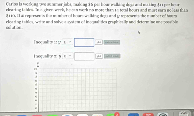 Carlos is working two summer jobs, making $6 per hour walking dogs and making $11 per hour
clearing tables. In a given week, he can work no more than 14 total hours and must earn no less than
$110. If x represents the number of hours walking dogs and y represents the number of hours
clearing tables, write and solve a system of inequalities graphically and determine one possible 
solution. 
Inequality 1: y≥ sim □ plot switch shade 
Inequality 2:y≥ □ plot =witch shade