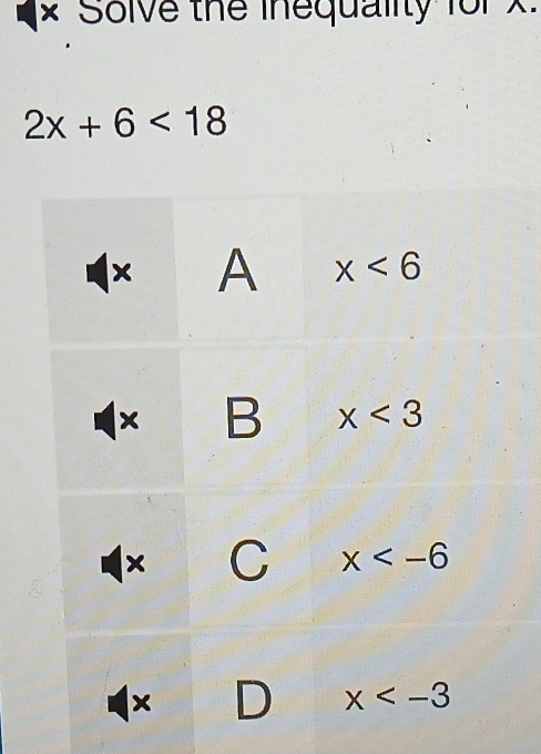 × Solve the inequality forX.
2x+6<18</tex>