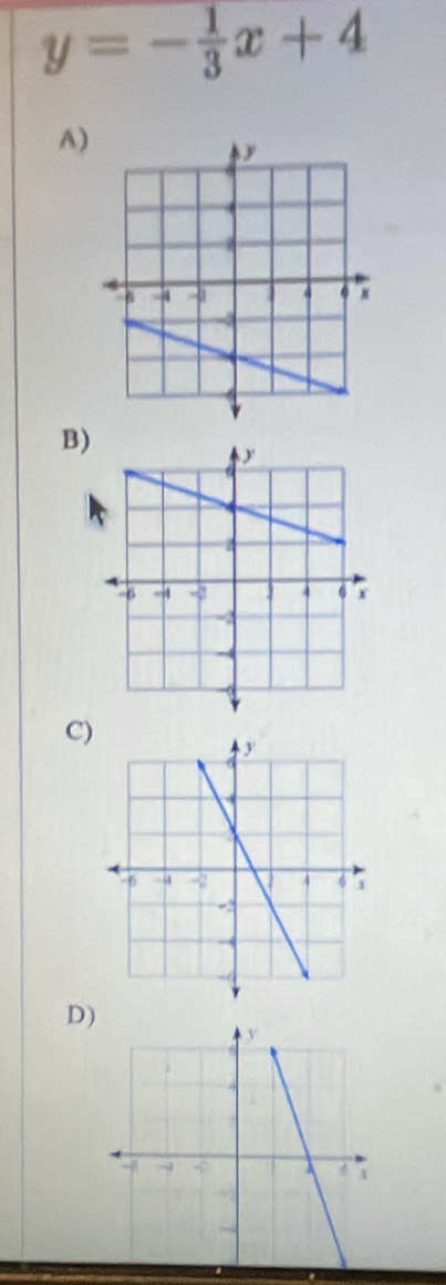 y=- 1/3 x+4
A) 
B) 
C) 
D)