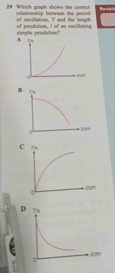 Which graph shows the correct Revisic
relationship between the period
of oscillation, T and the length
of pendulum, / of an oscillating
simple pendulum?
A
B
D