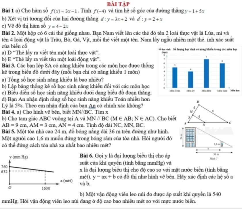 bài tập
Bài 1 a) Cho hàm số f(x)=3x-1. Tinh f(-4) và tìm hệ số góc của đường thắng y=1+5x
b) Xét vị trí tương đổi của hai đường thắng d : y=3x+2 và d:y=2+x
c) Về đồ thị hàm số y=4-2x
Bài 2. Một hộp có 6 cái thẻ giống nhau. Bạn Nam viết lên các thẻ đó tên 2 loài thực vật là Lúa, mì và
tên 4 loài động vật là Trâu, Bò, Gà, Vịt, mỗi thẻ viết một tên. Nam lấy ngẫu nhiên một thẻ. ính xác suất
của biến cố
a) D “Thẻ lấy ra viết tên một loài thực vật”. 
b) E “Thẻ lấy ra viết tên một loài động vật”.
Bài 3. Các bạn lớp 8A có năng khiểu trong các môn học được thốn
kê trong biểu đồ dưới đây (mỗi bạn chi có năng khiều 1 môn) 
a) Tổng số học sinh năng khiều là bao nhiêu? 
b) Lập bảng thống kê số học sinh năng khiếu đối với các môn học
c) Biểu diễn số học sinh năng khiếu dưới dạng biểu đồ đoạn thắng.c
d) Bạn An nhận định rằng số học sinh năng khiếu Toán nhiều hơn
Lý là 5%. Theo em nhận định của bạn An có chính xác không?
Bài 4. a) Cho hình vẽ bên, biết MN//BC. Tìm x 
b) Cho tam giác ABC vuông tại A và MN//BC(M∈ AB;N∈ AC). Cho biết
AB=9cm,AM=3cm,AN=4cm. Tính độ dài NC, MN, BC.
Bài 5. Một tòa nhà cao 24 m, đồ bóng nắng dài 36 m trên đường như hình.
Một người cao 1,6 m muốn đứng trong bóng râm của tòa nhả. Hỏi người đó
có thể đứng cách tòa nhà xa nhất bao nhiêu mét?
ài 6. Gọi y là đại lượng biểu thị cho áp
uất của khí quyền (tính bằng mmHg) và
760
632 là đại lượng biểu thị cho độ cao so với mặt nước biển (tính bằng
ét). y=ax+b có đồ thị như hình vẽ bên. Hãy xác định các hệ số a
b.
b) Một vận động viên leo núi đo được áp suất khí quyền là 540
mmHg. Hỏi vận động viên leo núi đang ở độ cao bao nhiêu mét so với mực nước biển.