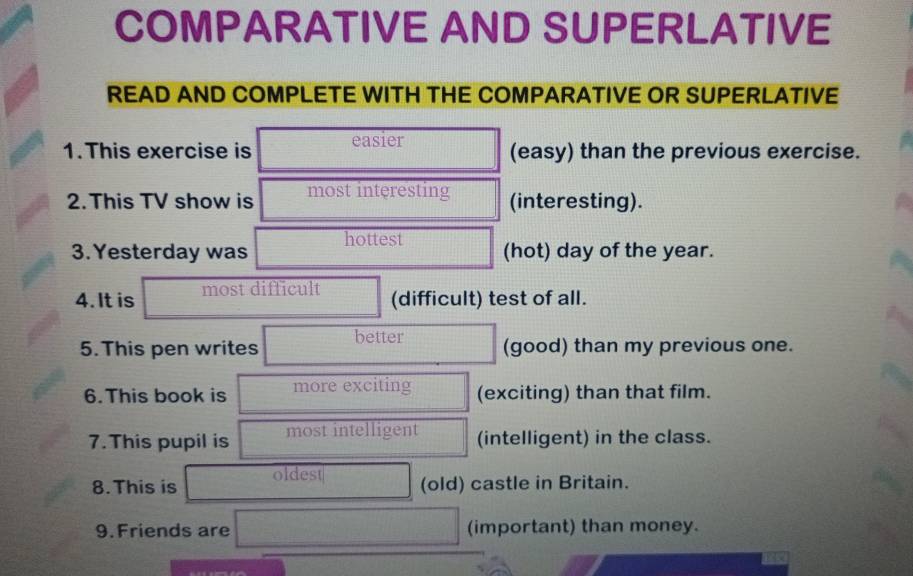 Solved: COMPARATIVE AND SUPERLATIVE READ AND COMPLETE WITH THE ...