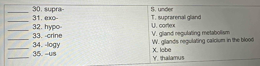 supra- S. under
_
31. exo- T. suprarenal gland
_32. hypo- U. cortex
33. -crine V. gland regulating metabolism
_
_34. -logy W. glands regulating calcium in the blood
_
35. -us X. lobe
Y. thalamus