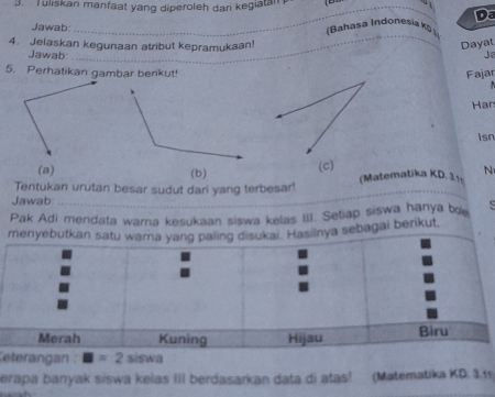 Tuliskan manfaat yang diperoleh dari kegiatan
_
Da
Jawab __ (Bahasa Indonesia k 
4. Jelaskan kegunaan atribut kepramukaan! Dayat
Jawab: _Ja
5. Perhatikan gambar berikut! Fajar

Har
Isn
(a) (b)
(c)
Tentukan urutan besar sudut dari yang terbesar! (Matematika KD. 3.1 N
Jawab:
_
Pak Adi mendata warna kesukaan siswa kelas III. Setiap siswa hanya bo
ebagai berikut
eterangan . □ =2sin a
berapa banyak siswa kelas III berdasarkan data di atas! (Matematika KD. 3.11