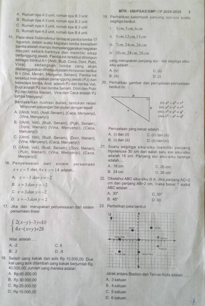 MTK - VIII/PSAS/SMP /TP 2024-2025 3
A. Rumah tipe A 2 unit, rumah tipe B 3 unit 19. Perhatikan kelompok panjang sisi-sisi suatu
B. Rumah tipe A 3 unit, rumah tipe B 2 unit segitiga berikut:
C. Rumah tipe A 3 unit, rumah tipe B 3 unit . 3cm,5cm,6cm
D. Rumah tipe A 3 unit, rumah tipe B 4 unit
15. Pada desa Sidomakmur terdapat panitia lomba 17 ii. 5cm,12cm,15cm
Agustus, dalam suatu kegiatan lomba kewajiban iii. 7cm,24cm,26cm
panitia adalah mampu menyelenggarakan kegiatan
dengan sebaik-baiknya dan memiliki sikap iv. 10cm,24cm,26cm
bertanggung jawab. Panitia inti tersebut dihimpun
sebagai berikut A = Andi, Budi, Caca, Doni, Putri, yang merupakan panjang sisi - sisi segitiga siku-
Vina , sedangkan lomba yang akan siku adalah ....
diselenggarakan dihimpun dalam himpunan berikut A. (iv) C. (ii)
B= Voli, Menari, Menyanyi, Senam. Panitia inti B. (iii)
tersebut merupakan penanggung jawab (PJ) dari D. (i)
beberapa lomba. Andi adalah PJ dari lomba Voli, 20. Perhatikan gambar dan pernyataan-pernyalaan
Budi adalah PJ dari Iomba Senam, Doni dan Putri berikut ini
PJ dari Iomba Menari, Vina dan Caca adalah PJ
lomba Menyanyi.
Berdasarkan ilustrasi diatas, tentukan relasi(i) p^3-q^2=r^2
himpunan pasangan berurutan dengan tepat!
A. (Andi, Voli), (Andi,Senam), (Caca, Menyanyi),(iii). (ii). p^2+q^2=r^2
r^2+p^2=q^2
(Vina, Menyanyi) (i) r^2-p^2=q^2
B. (Andi, Voli), (Budi, Senam), (Putri, Senam),
(Doni, Menari) (Vina, Menyanyi), (Caca, Pernyataan yang benar adalah ....
Menyanyi) A. (i) dan (ii) C. (ii) dan (iii)
C. (Andi, Voli), (Budi, Senam), (Doni, Menari), B. (i) dan (iii) D. (ii) dan (iv)
(Vina, Menyanyi), (Caca, Menyanyi)
D. (Andi, Voli), (Budi, Senam), (Doni, Menari), 21. Suatu segitiga siku-siku memiliki panjang
(Putri, Menari), (Vina, Menyanyi), (Caca hipotenusa 30 cm dan salah satu sisi siku-siku
adalah 18 cm. Panjang sisi siku-siku lainnya
Menyanyi) adalah....
16. Penyelesaian dari sistem persamaan A. 16 cm C. 26 cm
x+y=5 dan 4x+y=14 adalah... B. 24 cm D. 36 cm
A. x=-3 dan y=-2 22. Diketahui ABC siku-sìku di A. Jika panjang AC=2
cm dan panjang AB=2cm , maka besar ? sudut
B. x=3dany=-2 ABC adalah …
C. x=3dany=-2 50°
A. 30° C.
B. 45°
D. x=-3dany=2 D. 60
17. Jika dan merupakan penyelesaian dari sistem 23. Perhatikan peta berikut
persamaan linear
beginarrayl 2(x-y)-3y=10 4x-(x=y)=28endarray.
Nilai adalah ..
A. -2 C. 8
B. 2 D. -8
18. Selisih uang kakak dan adik Rp 10.000,00. Dua
kali uang adik ditambah uang kakak berjumlah Rp
40.000,00. Jumlah uang mereka adalah
A. Rp 60.000,00 Jarak antara Stadion dan Taman Kota adalah ....
B. Rp 30.000,00 A. 3 satuan
C. Rp 20.000,00 B. 4 satuan
D. Rp 10.000,00 C. 5 satuan
D. 6 satuan