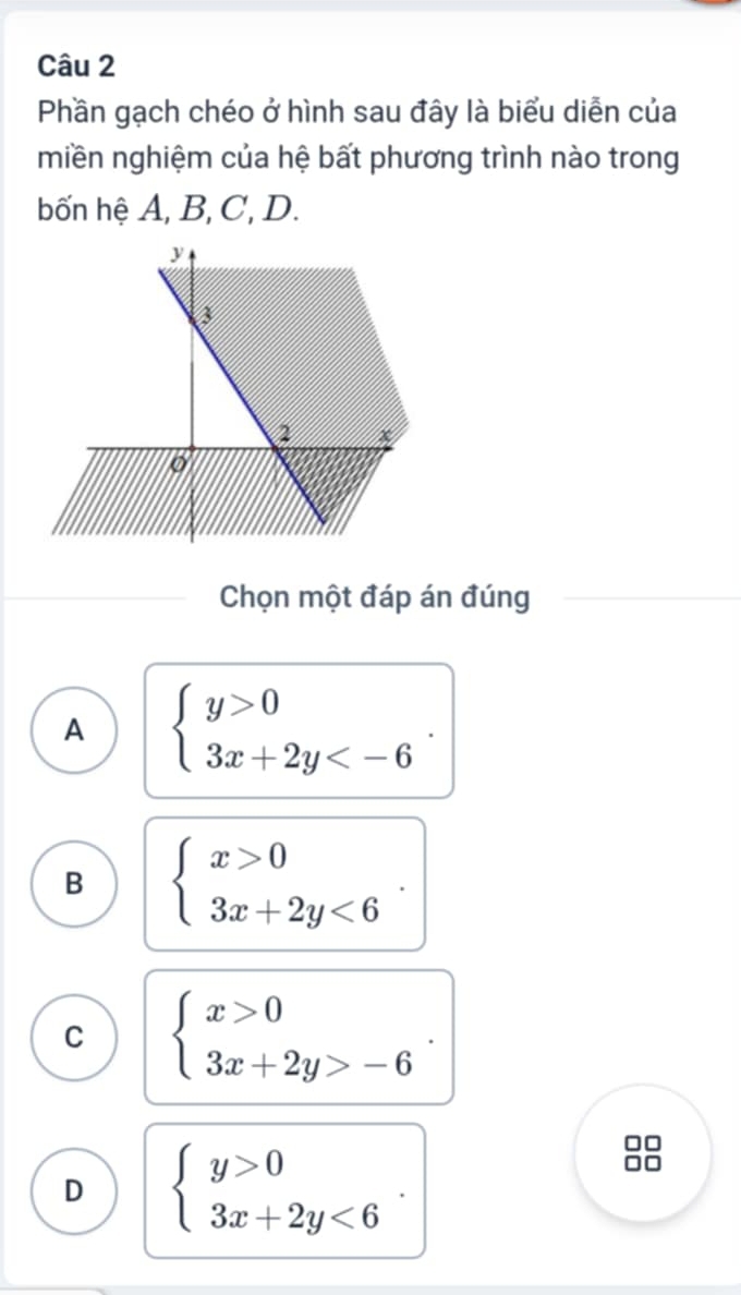 Phần gạch chéo ở hình sau đây là biểu diễn của
miền nghiệm của hệ bất phương trình nào trong
bốn hệ A, B, C, D.
Chọn một đáp án đúng
A beginarrayl y>0 3x+2y .
B beginarrayl x>0 3x+2y<6endarray..
C beginarrayl x>0 3x+2y>-6endarray..
D beginarrayl y>0 3x+2y<6endarray.
n