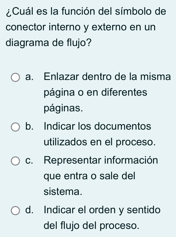 ¿Cuál es la función del símbolo de
conector interno y externo en un
diagrama de flujo?
a. Enlazar dentro de la misma
página o en diferentes
páginas.
b. Indicar los documentos
utilizados en el proceso.
c. Representar información
que entra o sale del
sistema.
d. Indicar el orden y sentido
del flujo del proceso.