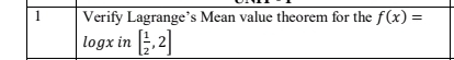 Verify Lagrange's Mean value theorem for the f(x)=
lo qx in [ 1/2 ,2]