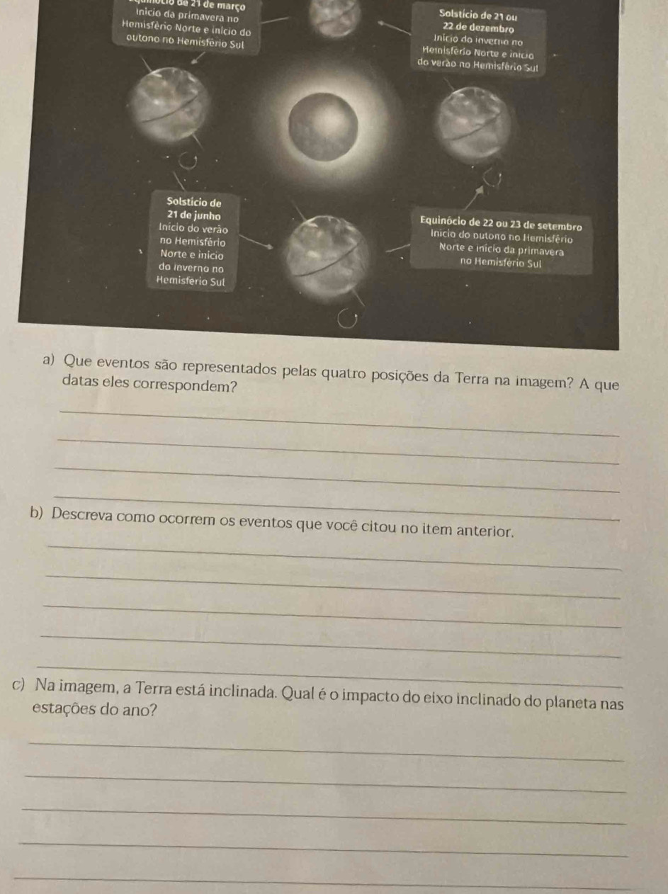 de 21 de março 
Solstício de 21 ou 
nício da primavera no 
que 
respondem? 
_ 
_ 
_ 
_ 
_ 
b) Descreva como ocorrem os eventos que você citou no item anterior. 
_ 
_ 
_ 
_ 
c) Na imagem, a Terra está inclinada. Qual é o impacto do eixo inclinado do planeta nas 
estações do ano? 
_ 
_ 
_ 
_ 
_