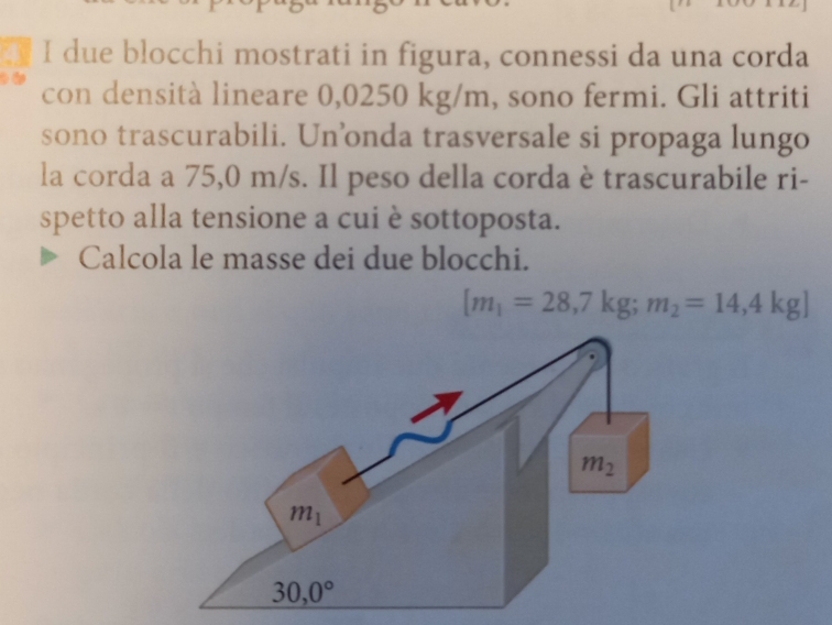 due blocchi mostrati in figura, connessi da una corda
con densità lineare 0,0250 kg/m, sono fermi. Gli attriti
sono trascurabili. Un’onda trasversale si propaga lungo
la corda a 75,0 m/s. Il peso della corda è trascurabile ri-
spetto alla tensione a cui è sottoposta.
Calcola le masse dei due blocchi.
[m_1=28,7kg;m_2=14,4kg]