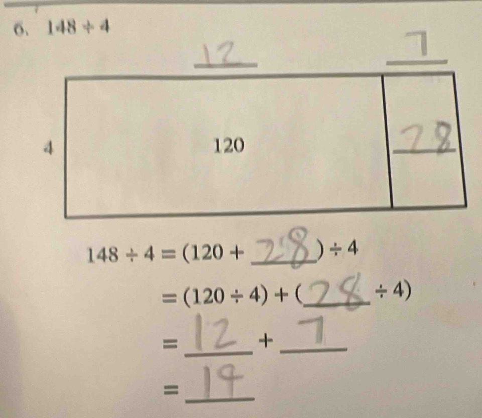 148/ 4=(120+
) / 4
=(120/ 4)+ (_ ÷ 4)
_=
_+
_=