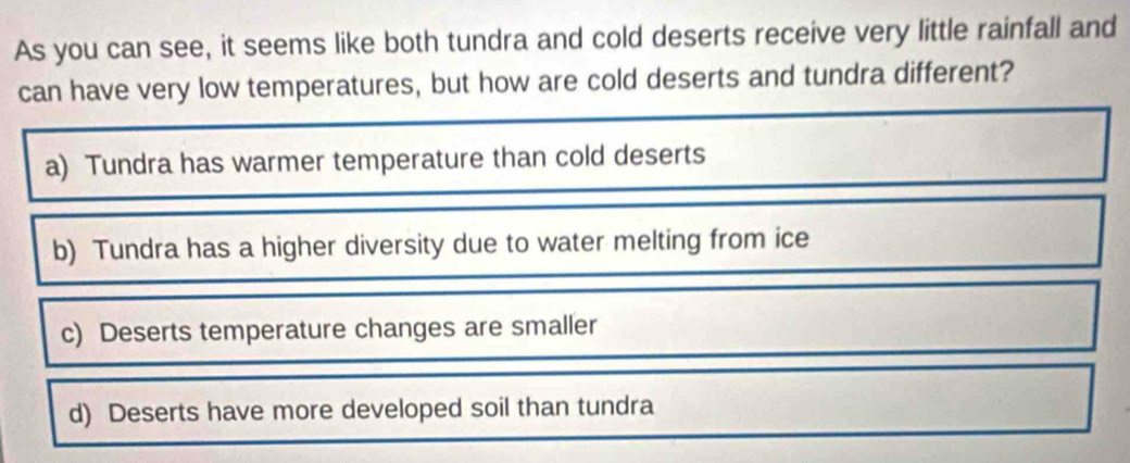 Solved: As you can see, it seems like both tundra and cold deserts ...