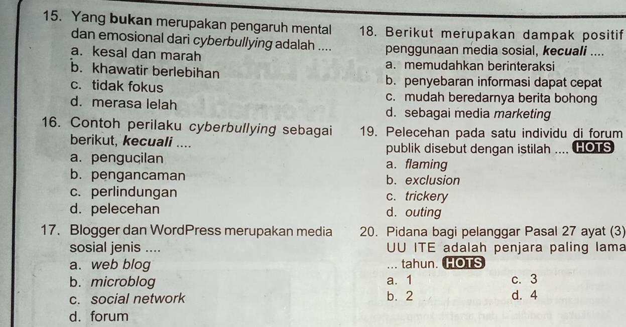 Yang bukan merupakan pengaruh mental 18. Berikut merupakan dampak positif
dan emosional dari cyberbullying adalah ....
a. kesal dan marah
penggunaan media sosial, kecuali ....
a. memudahkan berinteraksi
b. khawatir berlebihan
c. tidak fokus
b. penyebaran informasi dapat cepat
d. merasa lelah
c. mudah beredarnya berita bohong
d. sebagai media marketing
16. Contoh perilaku cyberbullying sebagai 19. Pelecehan pada satu individu di forum
berikut, kecuali ....
publik disebut dengan istilah .... HOTS
a. pengucilan a. flaming
b. pengancaman b. exclusion
c. perlindungan c. trickery
d. pelecehan d. outing
17. Blogger dan WordPress merupakan media 20. Pidana bagi pelanggar Pasal 27 ayat (3)
sosial jenis .... UU ITE adalah penjara paling lama
a. web blog ... tahun. HOTS
b. microblog a. 1 c. 3
c. social network b. 2 d. 4
d. forum