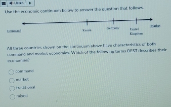 « Listen
Use the economic continuum below to answer the question that follows
All three countries shown on the continuum above have characteristics of both
command and market economies. Which of the following terms BEST describes their
economies?
command
market
traditional
mixed