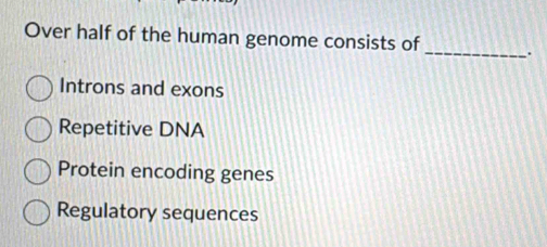 Over half of the human genome consists of _.
Introns and exons
Repetitive DNA
Protein encoding genes
Regulatory sequences