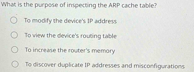 Solved: What is the purpose of inspecting the ARP cache table? To ...