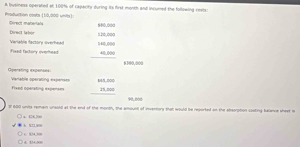 A business operated at 100% of capacity during its first month and incurred the following costs:
Production costs (10,000 units):
Direct materials $80,000
Direct labor
Variable factory overhead beginarrayr 120,000 140,000 40,000 hline endarray
Fixed factory overhead
$380,000
Operating expenses:
Variable operating expenses beginarrayr $65,000 25,000 hline endarray
Fixed operating expenses
90,000
If 600 units remain unsold at the end of the month, the amount of inventory that would be reported on the absorption costing balance sheet is
a. $28,200
b. $22,800
c. $24,300
d. $34,000