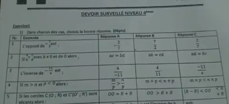 devoiR SURVeILLê NIVEau 4*'''*
Exercice1
sécants alors : asb