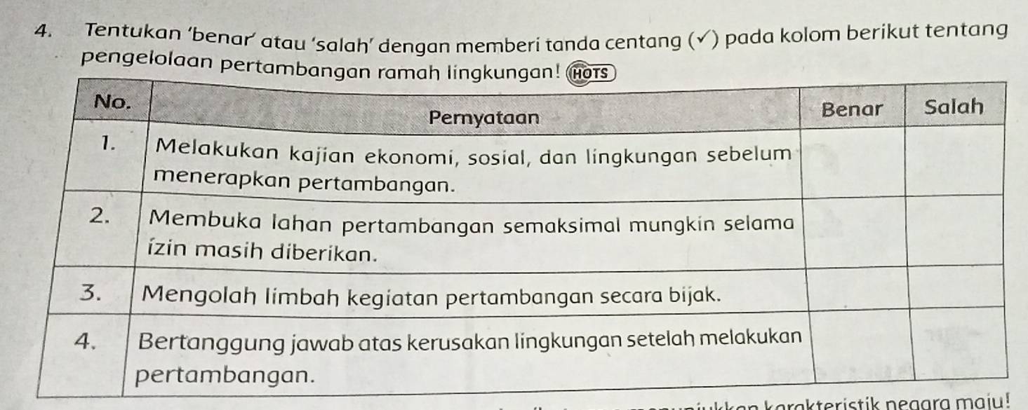 Tentukan ‘benar’ atau ‘salah’ dengan memberi tanda centang (√) pada kolom berikut tentang 
pengelolaan p 
n karakteristik negara maiu!